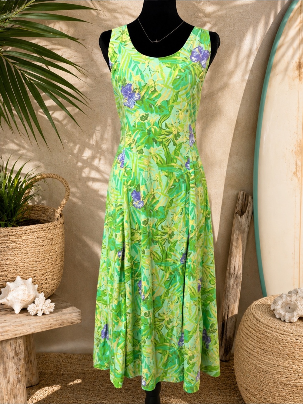 Vintage 90s Tikal Trading Tropical Floral Midi Dress Key West Resort Small